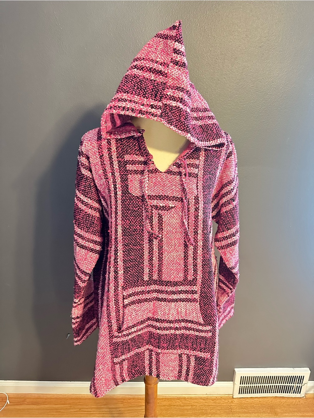 Pink Baja Hoodie Mexican Blanket Woven Pullover Black White Oversized